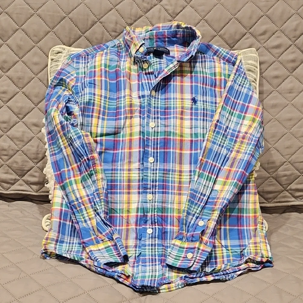 Ralph Lauren Boys Blue and Green Button Down Plaid Shirt